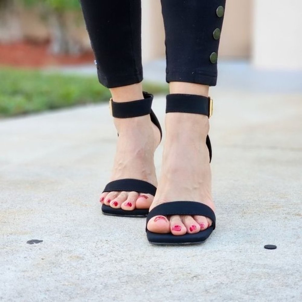 Women's Black Nubuck Ankle Strap Block Heel Dress Sandals - Picture 3 of 6